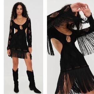 FOR LOVE & LEMONS Aubrey Crochet Fringe Long Sleeve Black Mini Dress Size Small